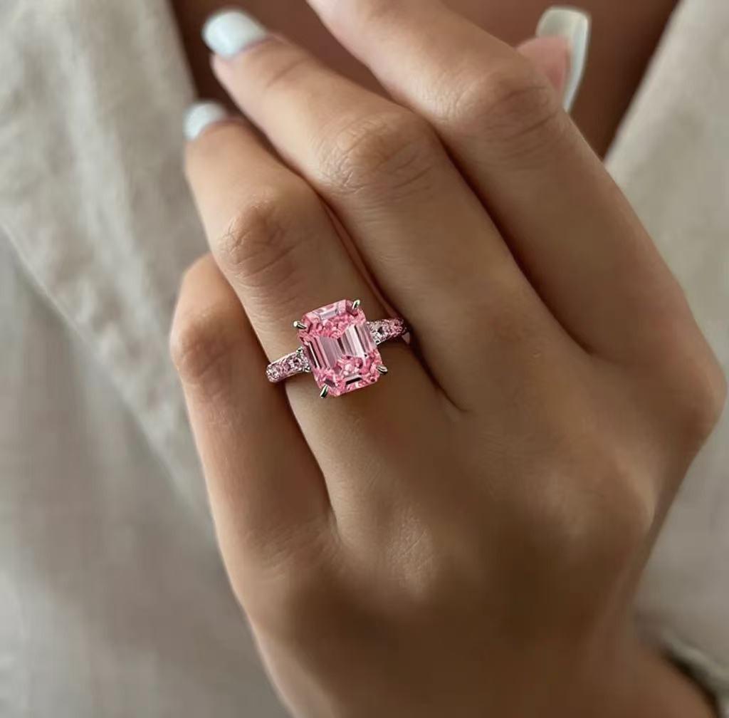 Elena's Oath | 3CT Green Emerald Cut Pink Glasshouse Ring.