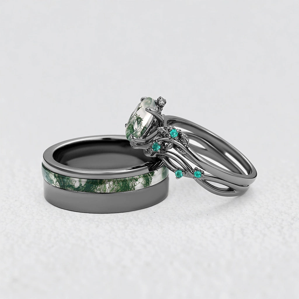 Sylvie’s Shadow | Black Gold & Oval Moss Agate Couple Ring Set 3pcs.