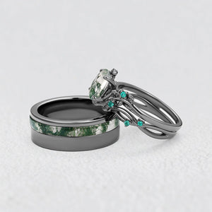 Sylvie’s Shadow | Black Gold & Oval Moss Agate Couple Ring Set 3pcs.