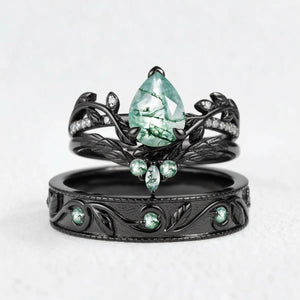 Juniper’s Copse | Pear Cut Moss Agate Cluster Couple Ring Set.