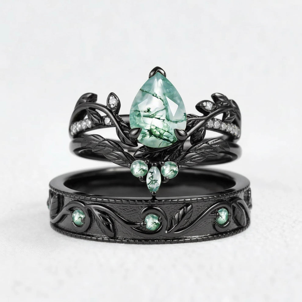 Juniper’s Copse | Pear Cut Moss Agate Cluster Couple Ring Set.