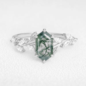 Celandine’s Tendril | Hexagon Cut Moss Agate Vine Engagement Ring