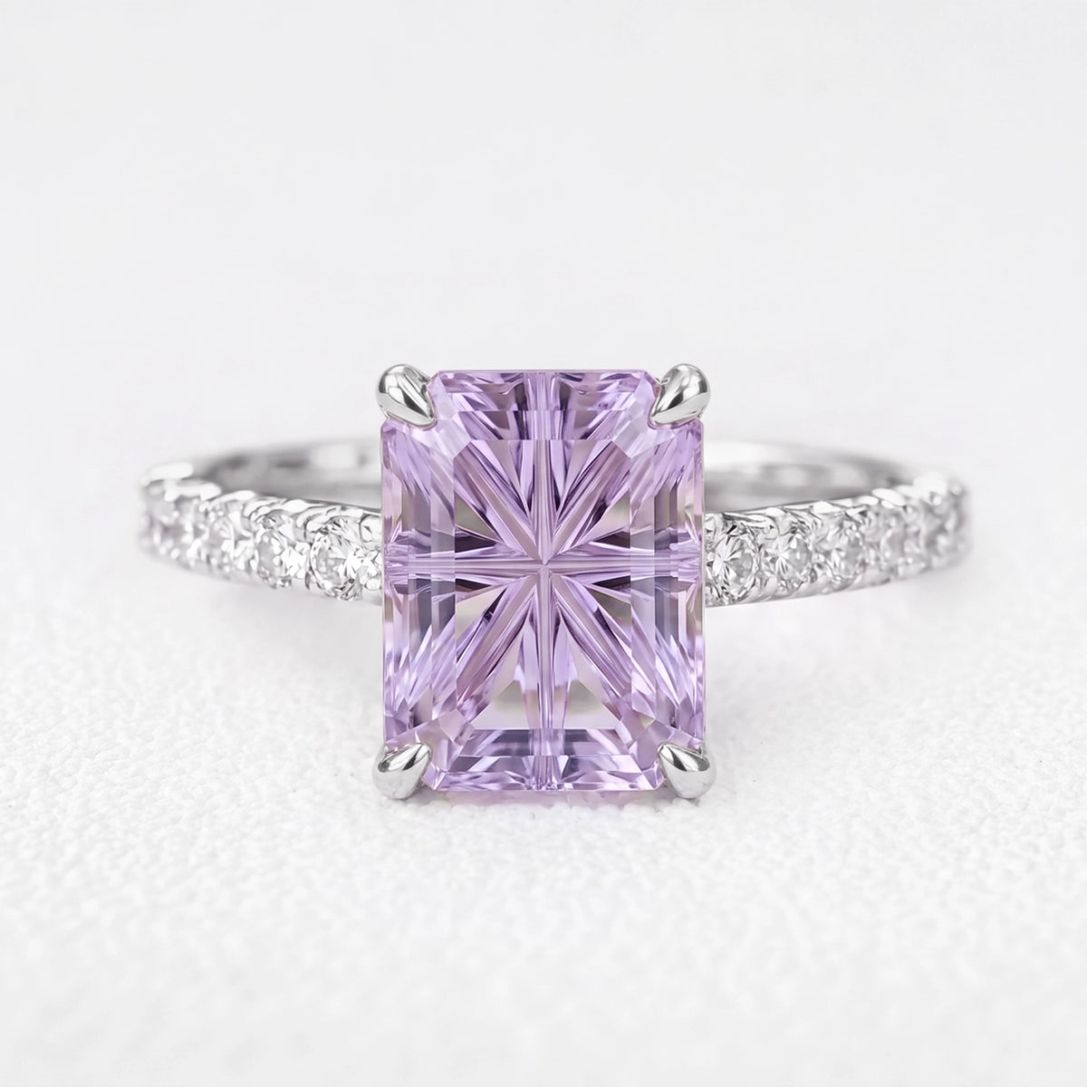 Joséphine’s Wisteria | 3CT Rectangular Fantasy-Cut Lavender Sapphire Solitaire Pavé Engagement Ring