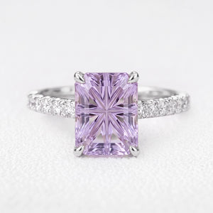 Joséphine’s Wisteria | 3CT Rectangular Fantasy-Cut Lavender Sapphire Solitaire Pavé Engagement Ring