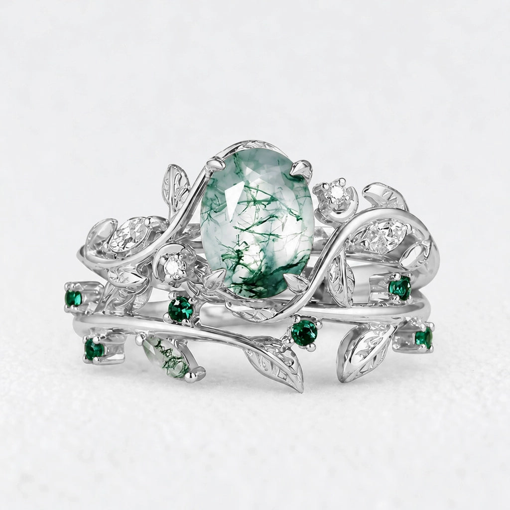Genevieve’s Verdant | Oval Moss Agate Foliage Vintage Bridal Duo