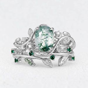 Genevieve’s Verdant | Oval Moss Agate Foliage Vintage Bridal Duo