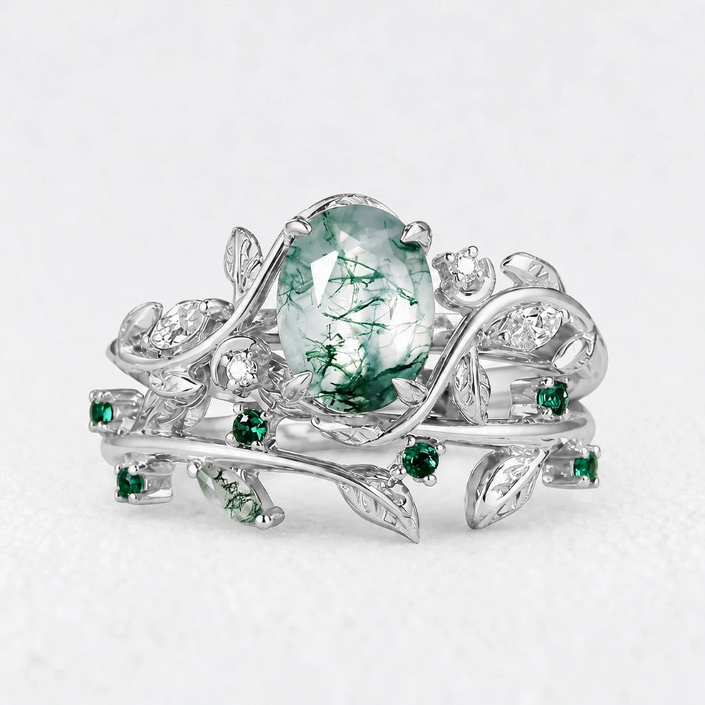 Genevieve’s Verdant | Oval Moss Agate Foliage Vintage Bridal Duo