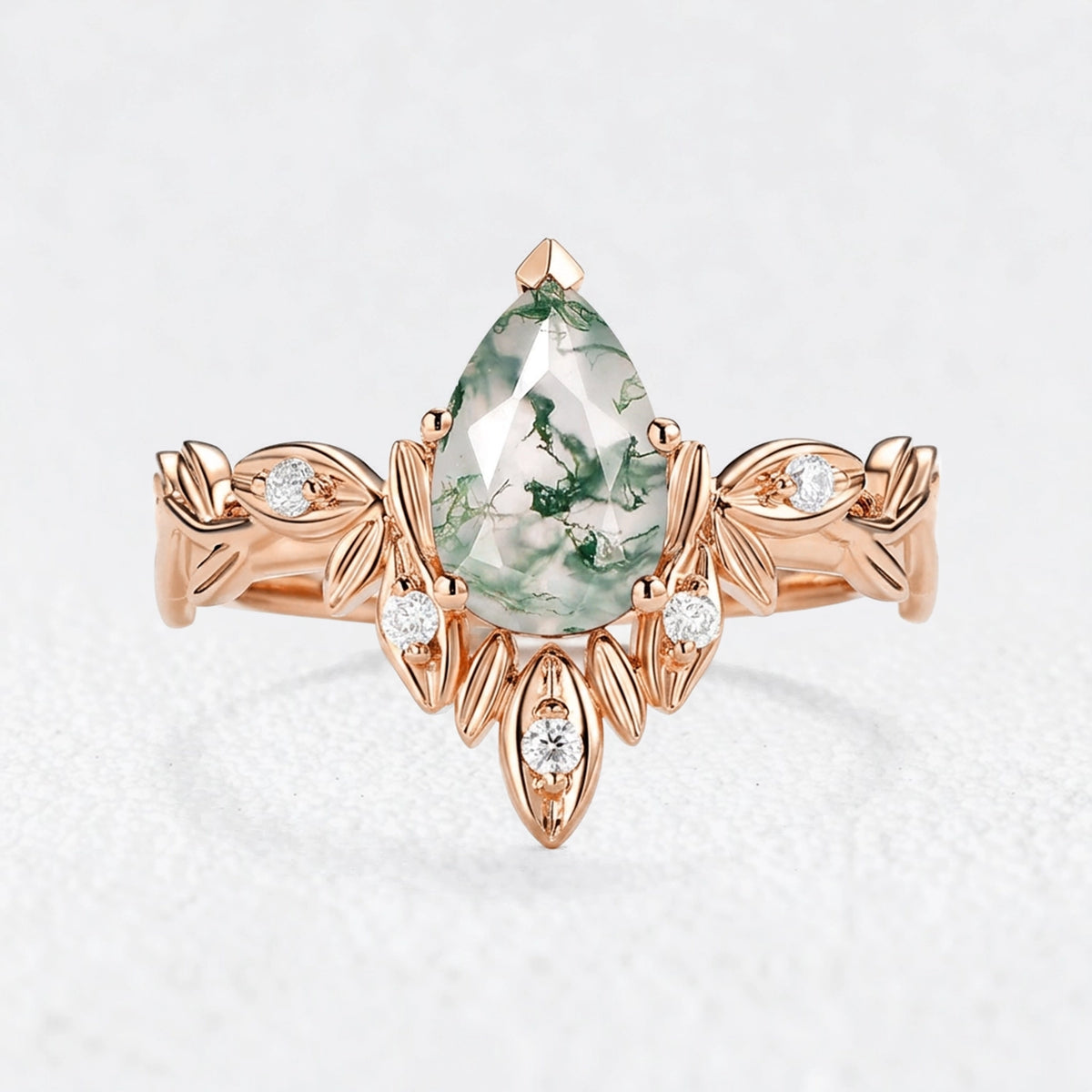 Calista’s Frond | Pear Cut Moss Agate Leafy Engagement Ring