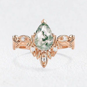 Calista’s Frond | Pear Cut Moss Agate Leafy Engagement Ring