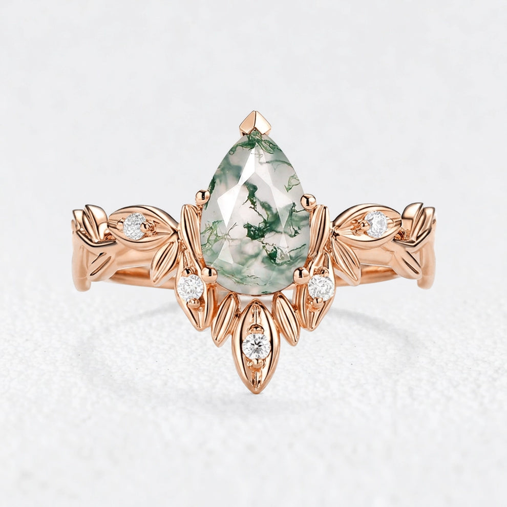 Calista’s Frond | Pear Cut Moss Agate Leafy Engagement Ring