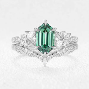 Sylvia’s Heartwood | Hexagon Cut Lab Green Sapphire Foliage Bridal Duo