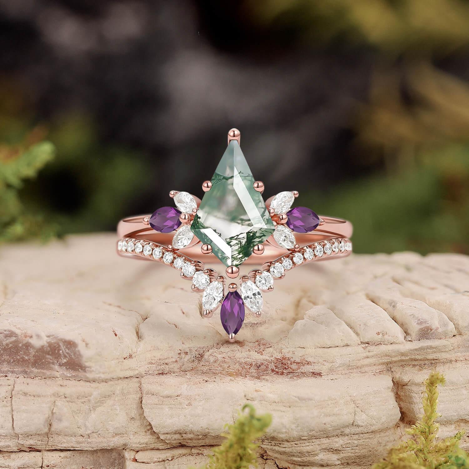 Butterfly Fairy - Unique Kite Cut Moss Agate & Amethyst Engagement Ring Set 2pcs.