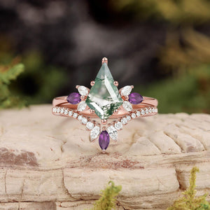Butterfly Fairy - Unique Kite Cut Moss Agate & Amethyst Engagement Ring Set 2pcs.