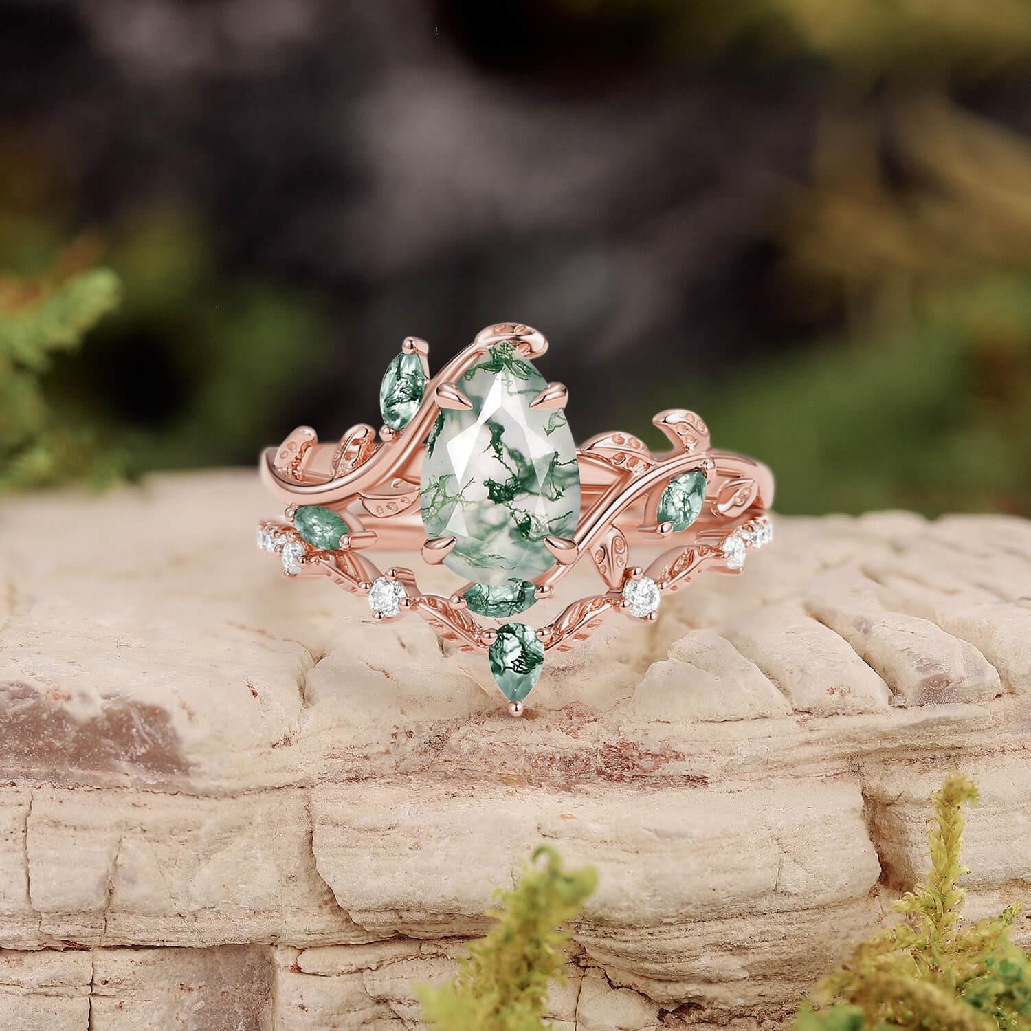 Daphne’s Vine | Pear Cut Moss Agate Bridal Set 2pcs.