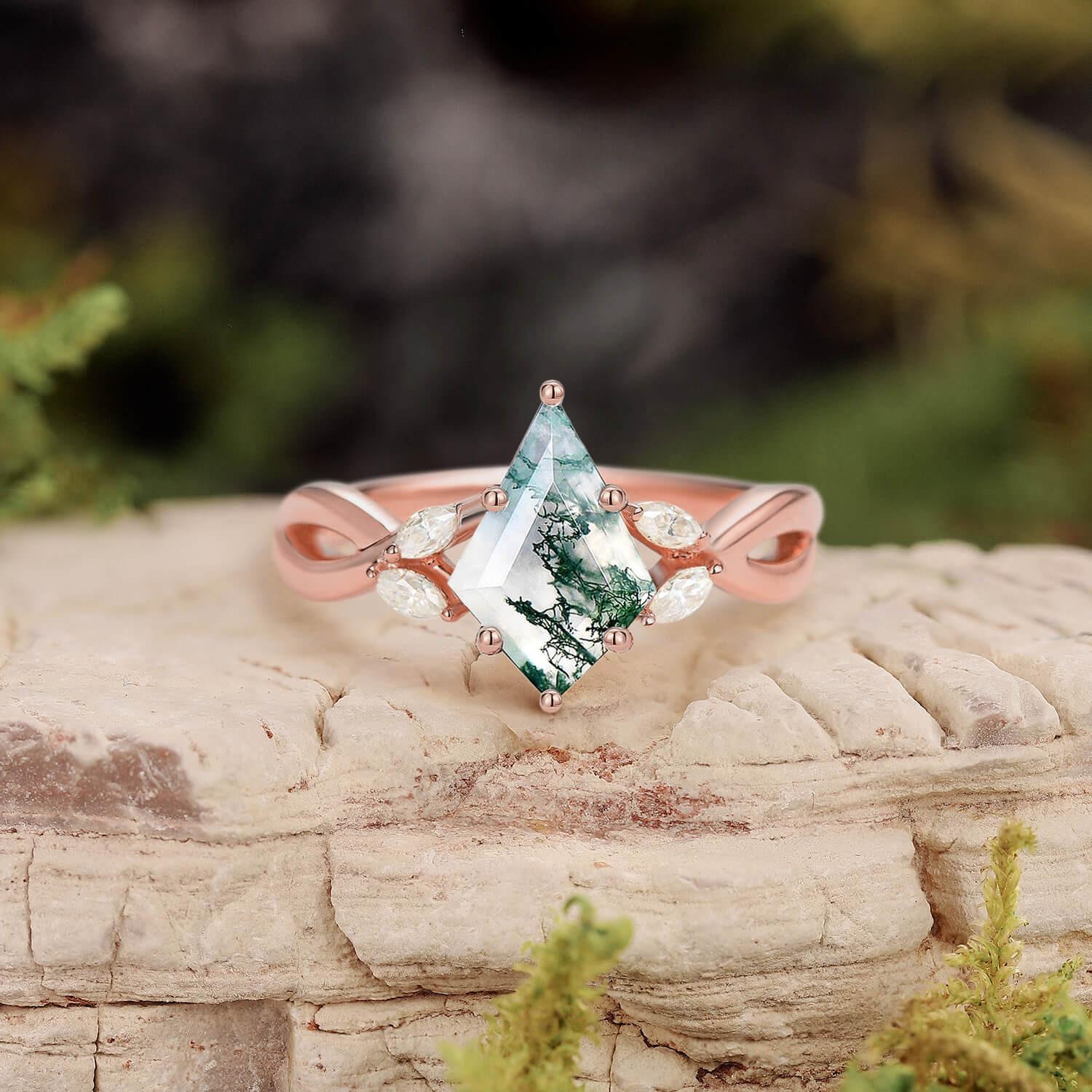 Minimalist Kite Cut Moss Agate Infinity Engagement Ring.