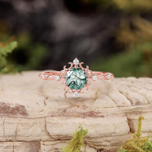 Vintage Round Cut Moss Agate Cluster Engagement Ring.