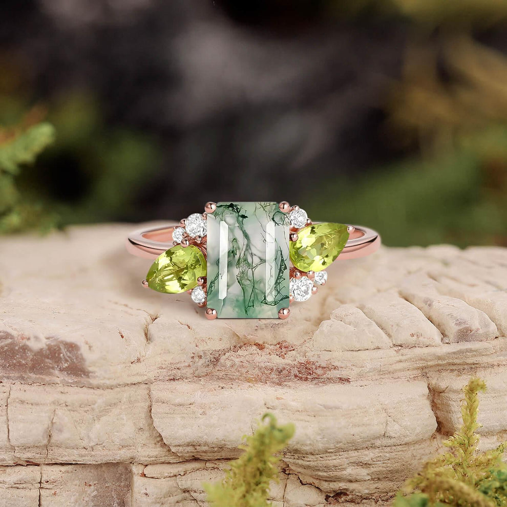 Nature Inspired Emerald Cut Moss Agate Double Pear Peridot Engagement Ring.