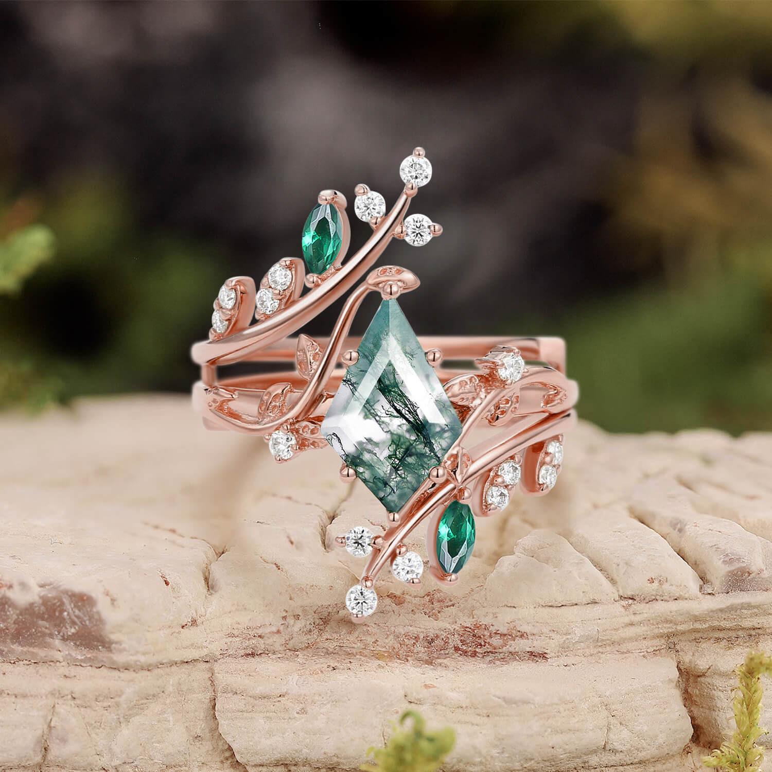 Sylvie’s Enclave | Kite Cut Moss Agate & Emerald Cage Leafy Bridal Set 2pcs.