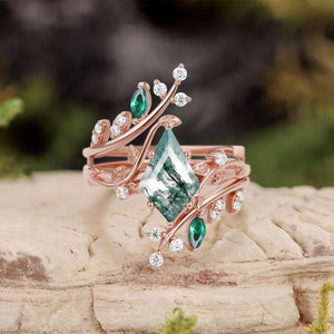 Sylvie’s Enclave | Kite Cut Moss Agate & Emerald Cage Leafy Bridal Set 2pcs.
