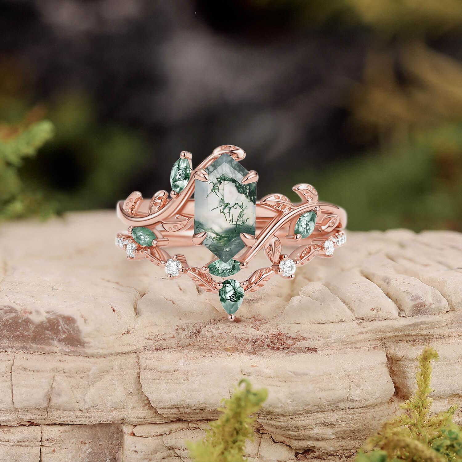 Daphne Moss Agate Hexagon Vine Emerald Engagement Ring Set 2pcs.