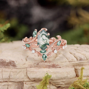 Daphne Moss Agate Hexagon Vine Emerald Engagement Ring Set 2pcs.