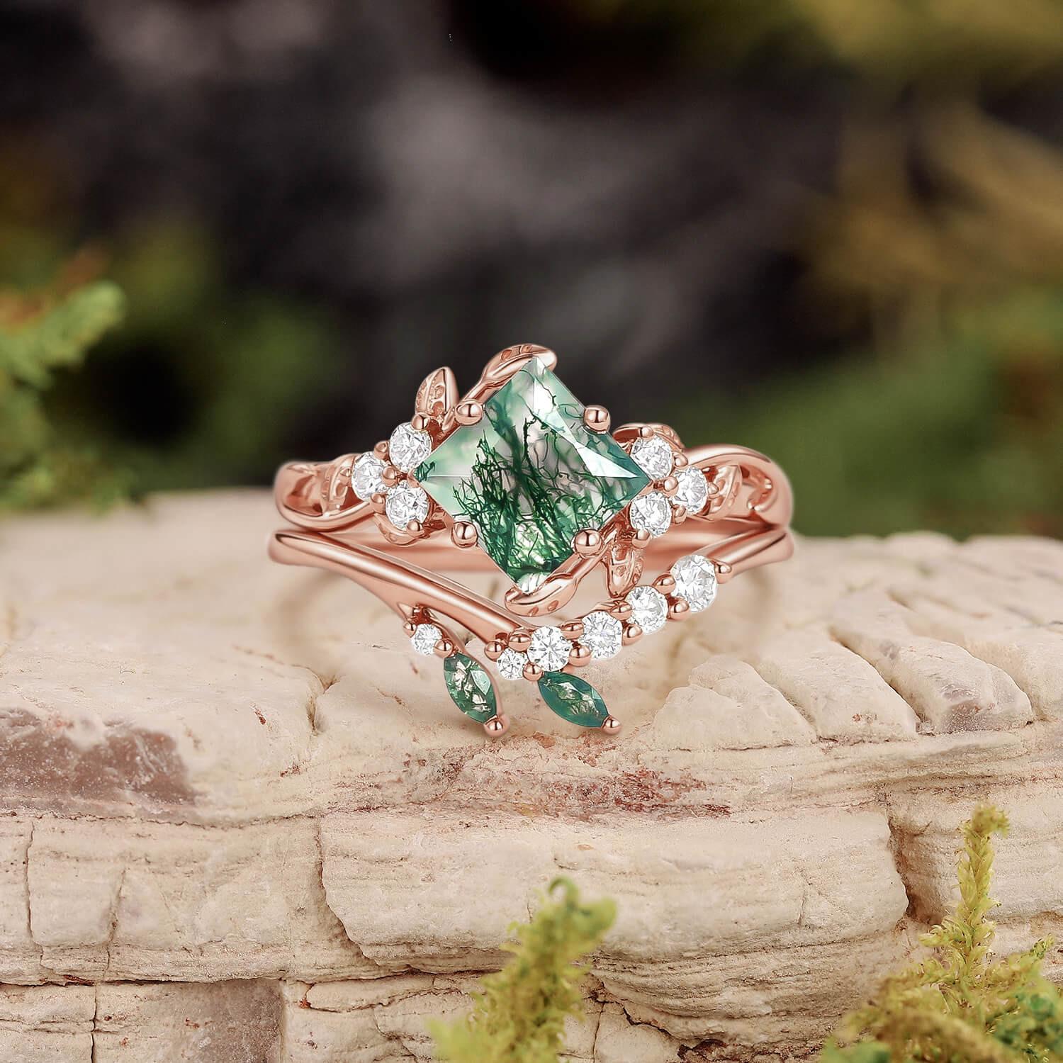 Nature Inspired Green Leafy Princess Cut Moss Agate Engagement Ring Set 2PCS.