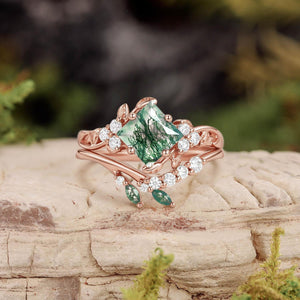 Nature Inspired Green Leafy Princess Cut Moss Agate Engagement Ring Set 2PCS.