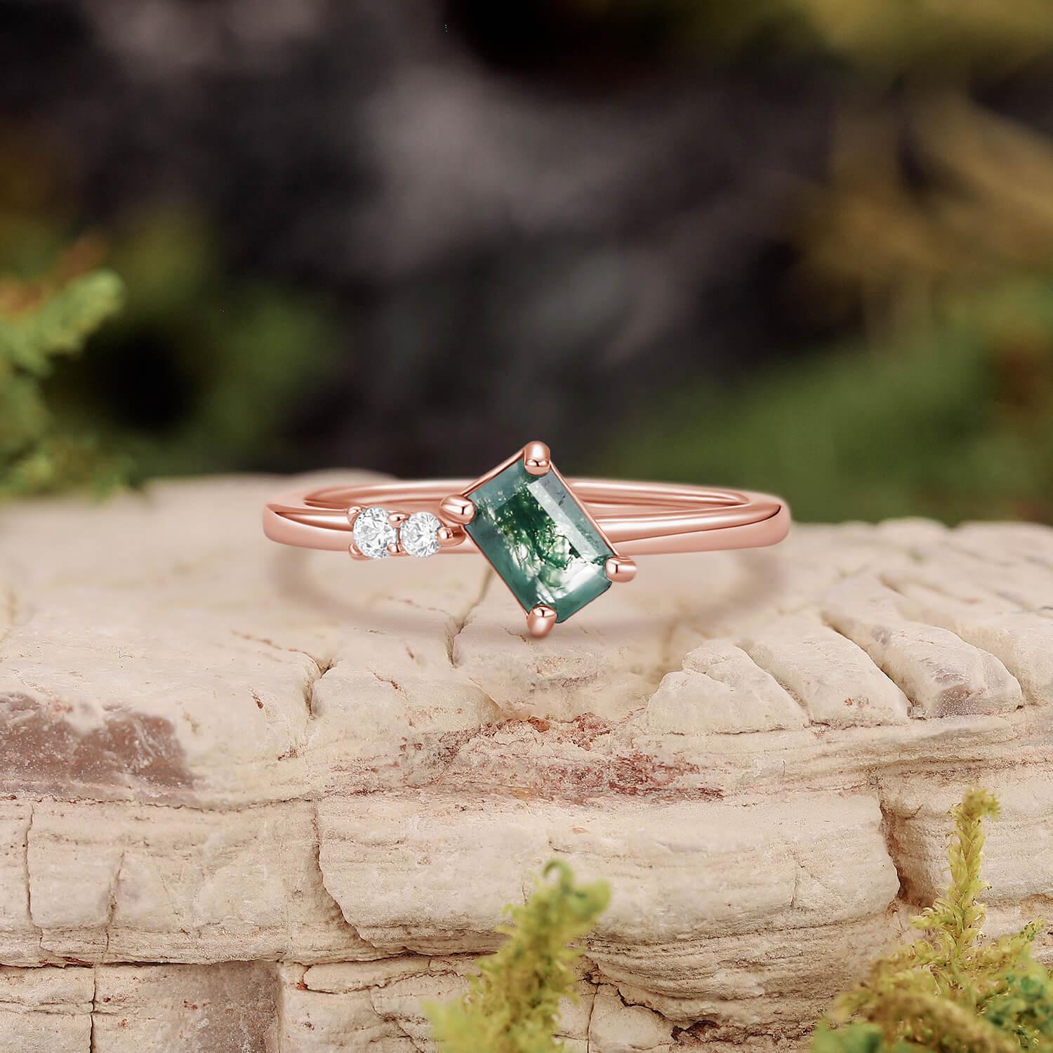 Minimalist Emerald Cut Moss Agate & Moissanite Engagement Ring.