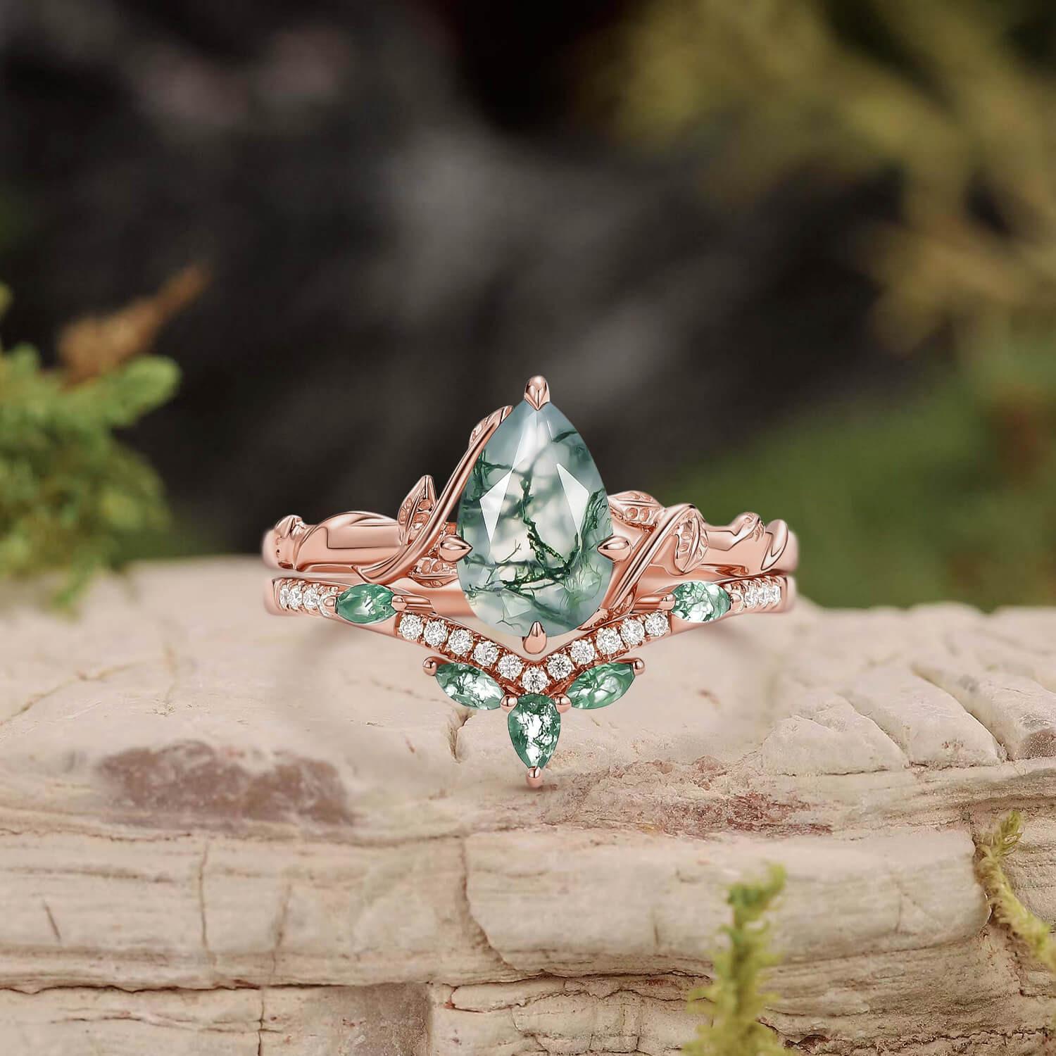Lark Nature Inspired Pear Cut Moss Agate Leafy Ring Set 2pcs.