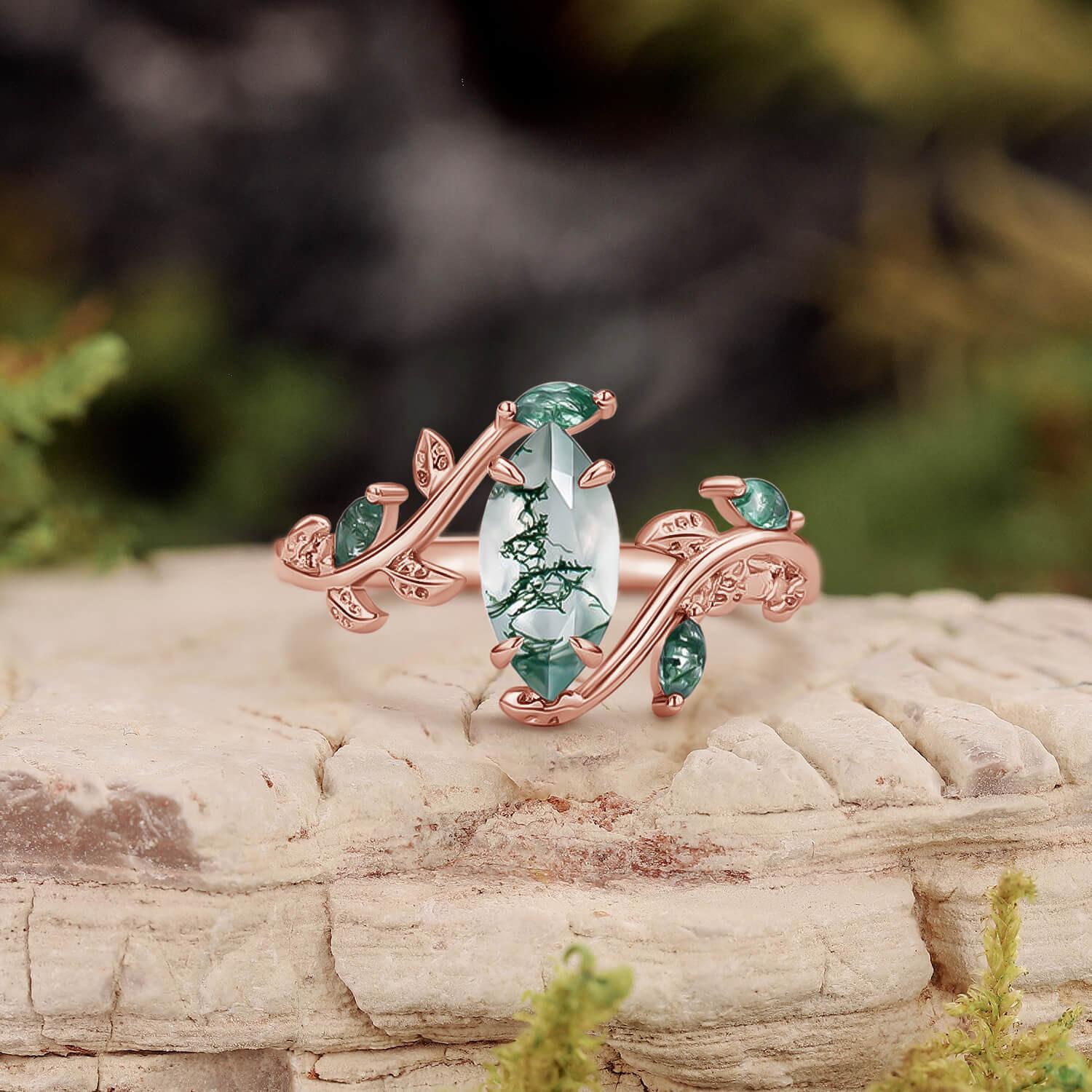 Vintage Marquise Cut Moss Agate Leafy Engagement Ring.