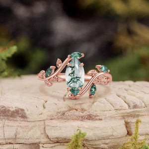 Vintage Marquise Cut Moss Agate Leafy Engagement Ring.