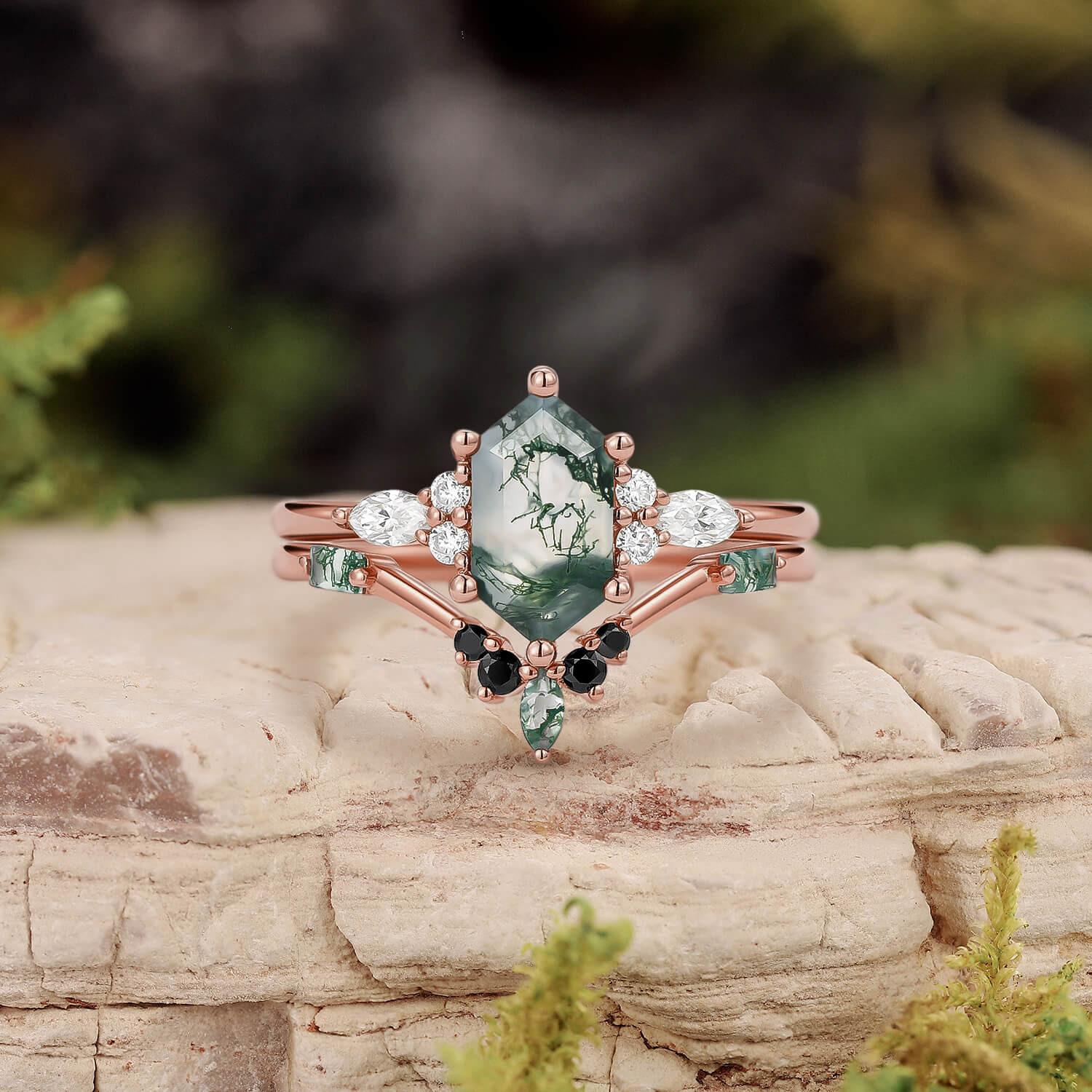 Unique Hexagon Moss Agate & Black Onyx Ring Set 2pcs.