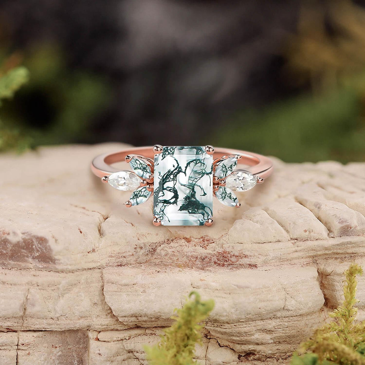 Aethra’s Pinions | Emerald Cut Moss Agate Cluster Wing Engagement Ring.