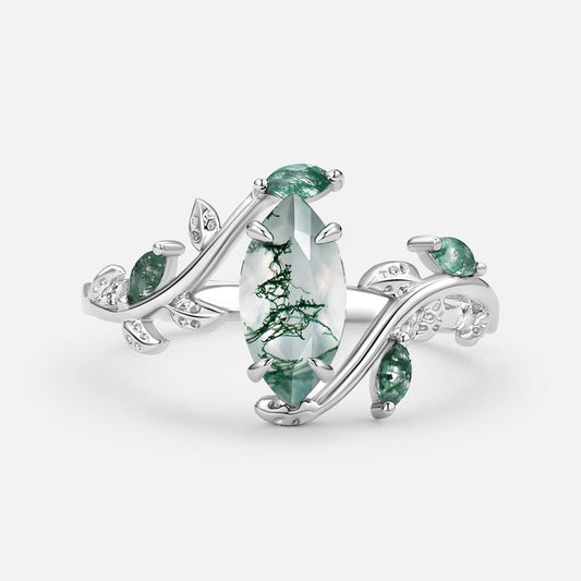 Vintage Marquise Cut Moss Agate Leafy Engagement Ring.