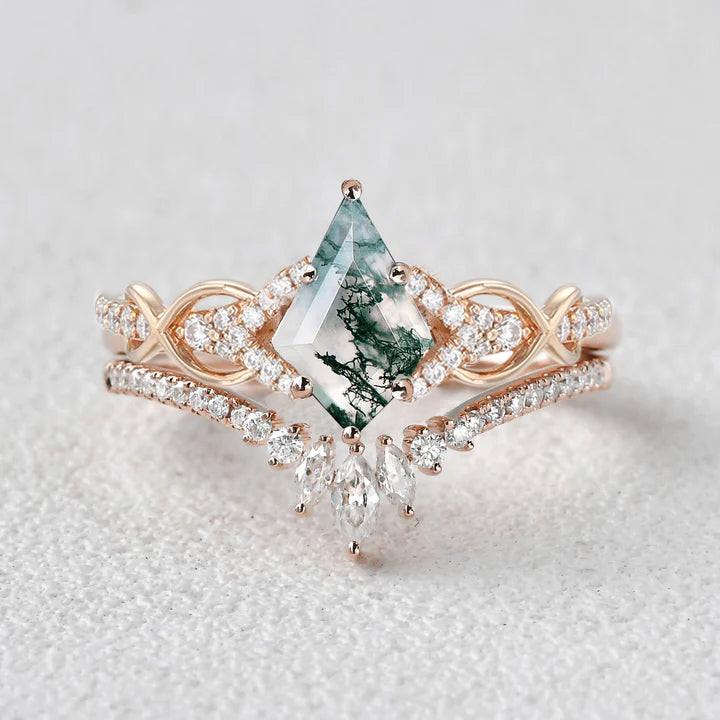 Kite Cut Moss Agate Antique Engagement Ring Set 2pcs.