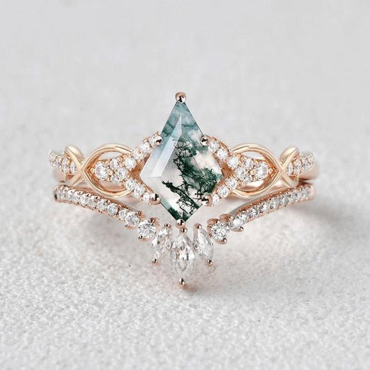 Kite Cut Moss Agate Antique Engagement Ring Set 2pcs.