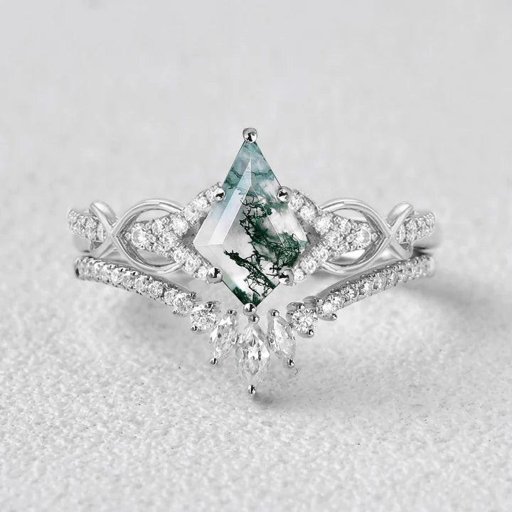 Kite Cut Moss Agate Antique Engagement Ring Set 2pcs.