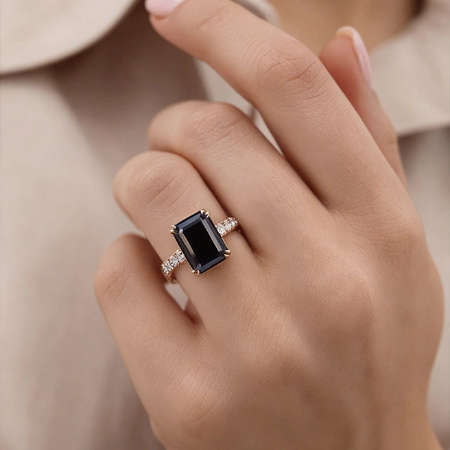 Selene's Mystique | 2CT Emerald Cut Black Gemstone Ring.
