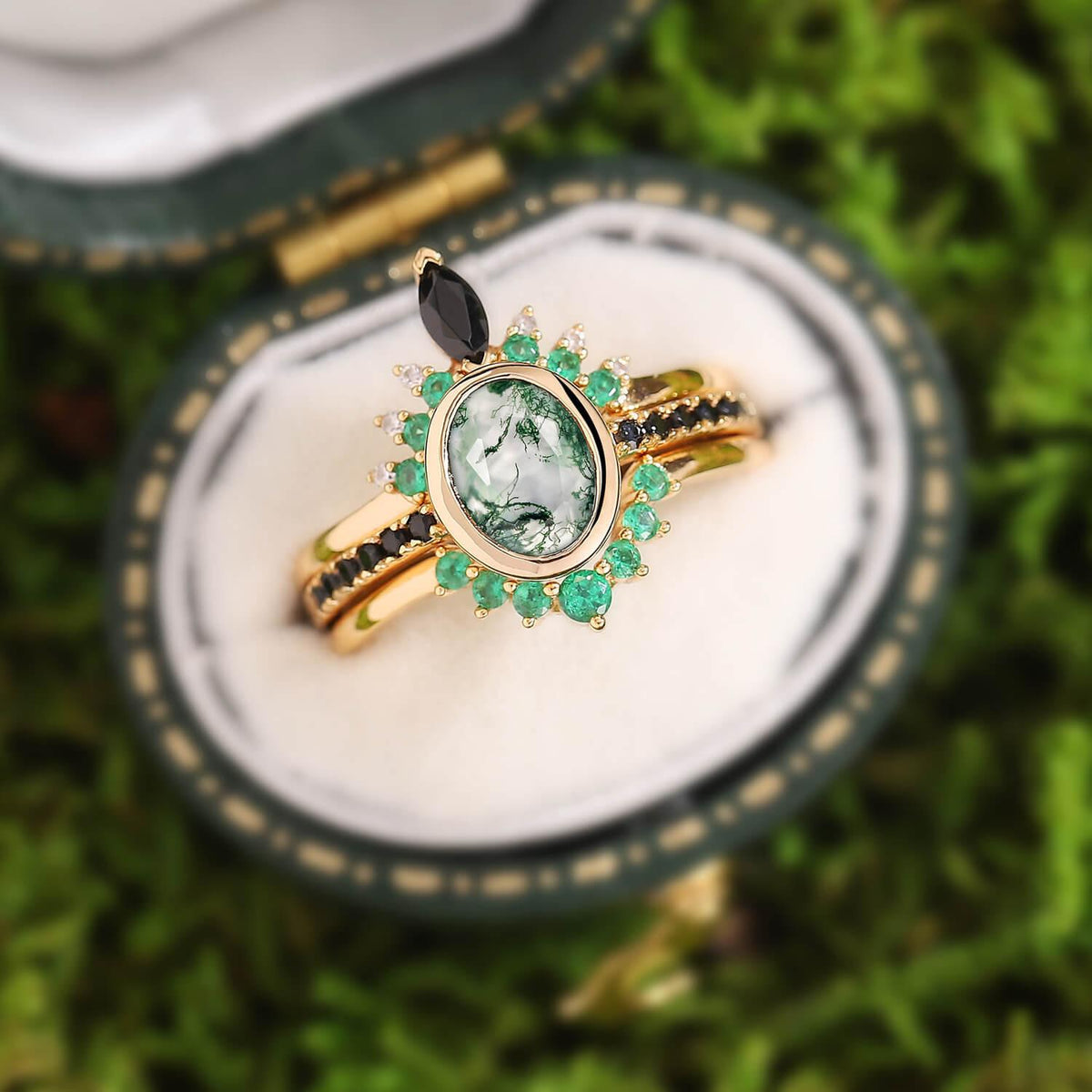 Unique Oval cut Moss Agate Leaf and Vine Promise Ring Set 3pcs.