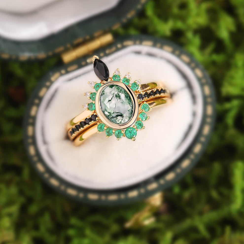 Unique Oval cut Moss Agate Leaf and Vine Promise Ring Set 3pcs.