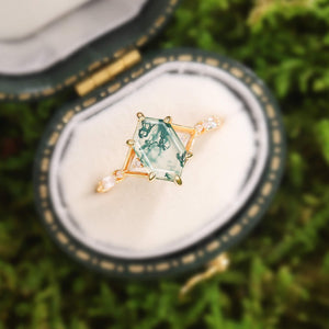 Nature Inspired Hexagon Cut Moss Agate Engagement Ring.