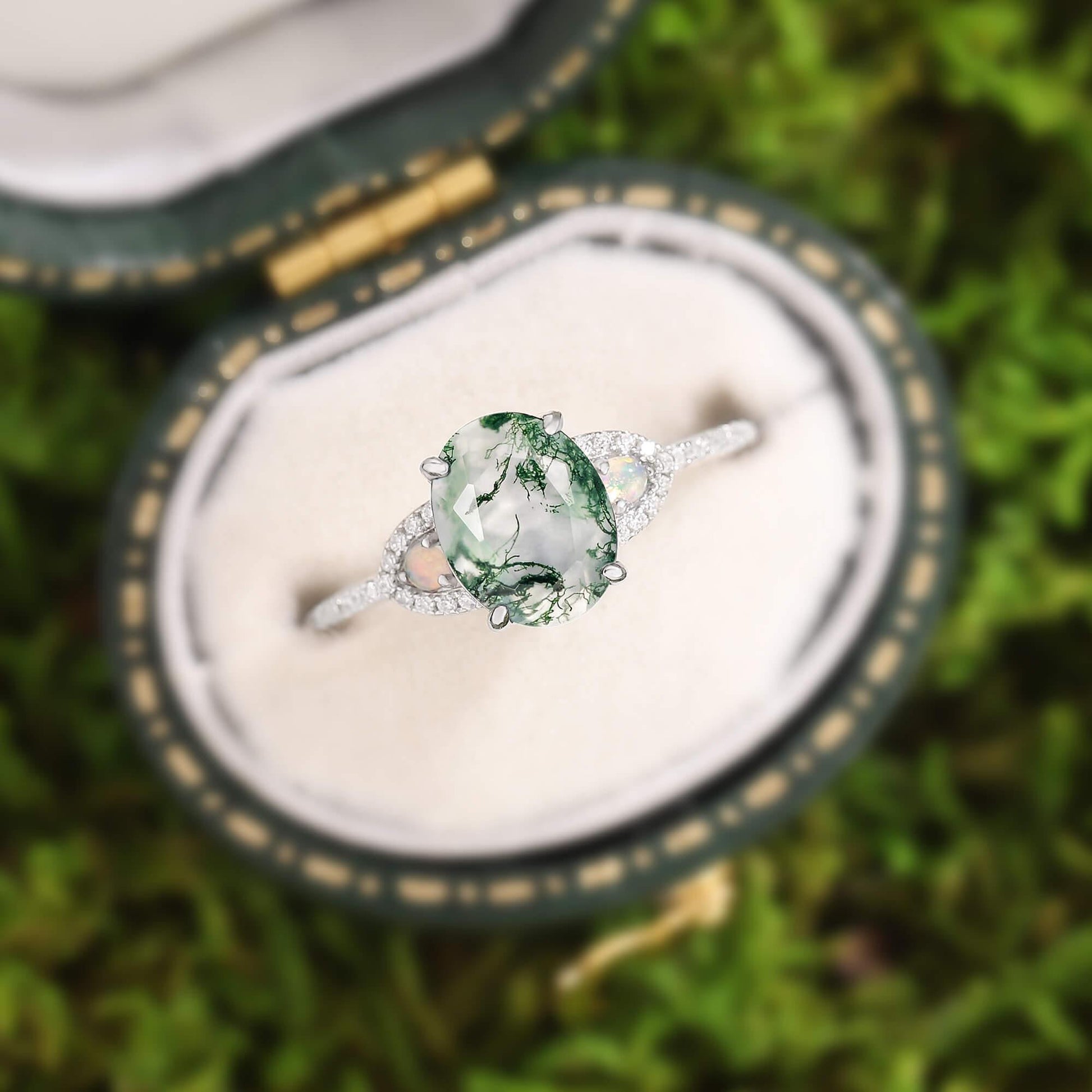 Nature Inspired Oval Cut Moss Agate Engagement Ring.
