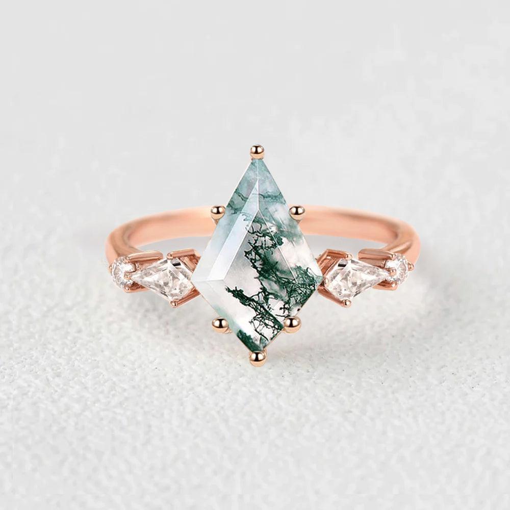 2.0ct Kite Moss Agate Five Stones Gold Engagement Ring.