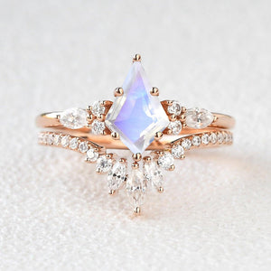 Adela’s Promise | Kite Cut Moss Agate Three Stone Engagement Ring Set 2pcs.