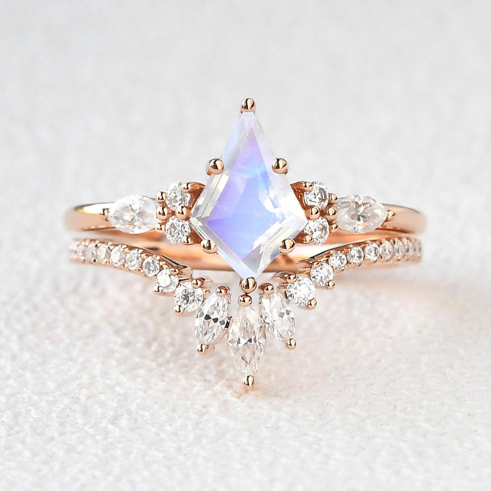 Adela’s Promise | Kite Cut Moss Agate Three Stone Engagement Ring Set 2pcs.