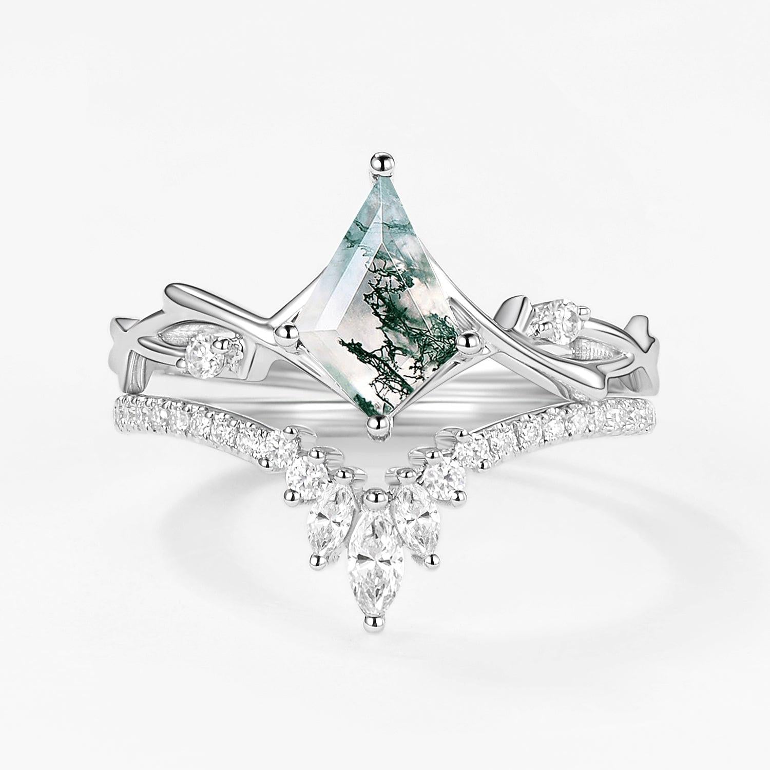 Kite Shape Branch Moss Agate Engagement Ring Sets 2pcs