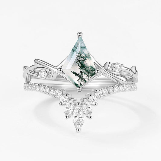 Kite Shape Branch Moss Agate Engagement Ring Sets 2pcs.