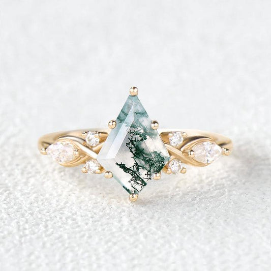Unique Kite Cut Moss Agate Leafy Engagement Ring.
