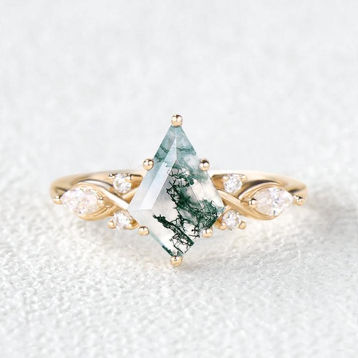Unique Kite Cut Moss Agate Leafy Engagement Ring.