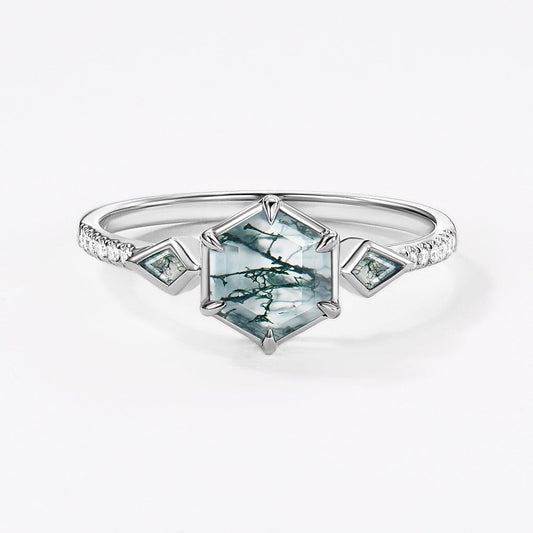 1.0ct Hexagon Moss Agate Bezel Engagement Ring.